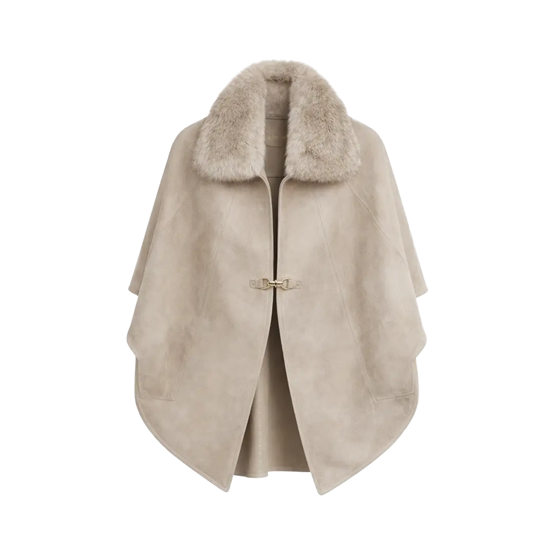 Capa de Cuero Gamuzado con Cuello de Conejo Travertino